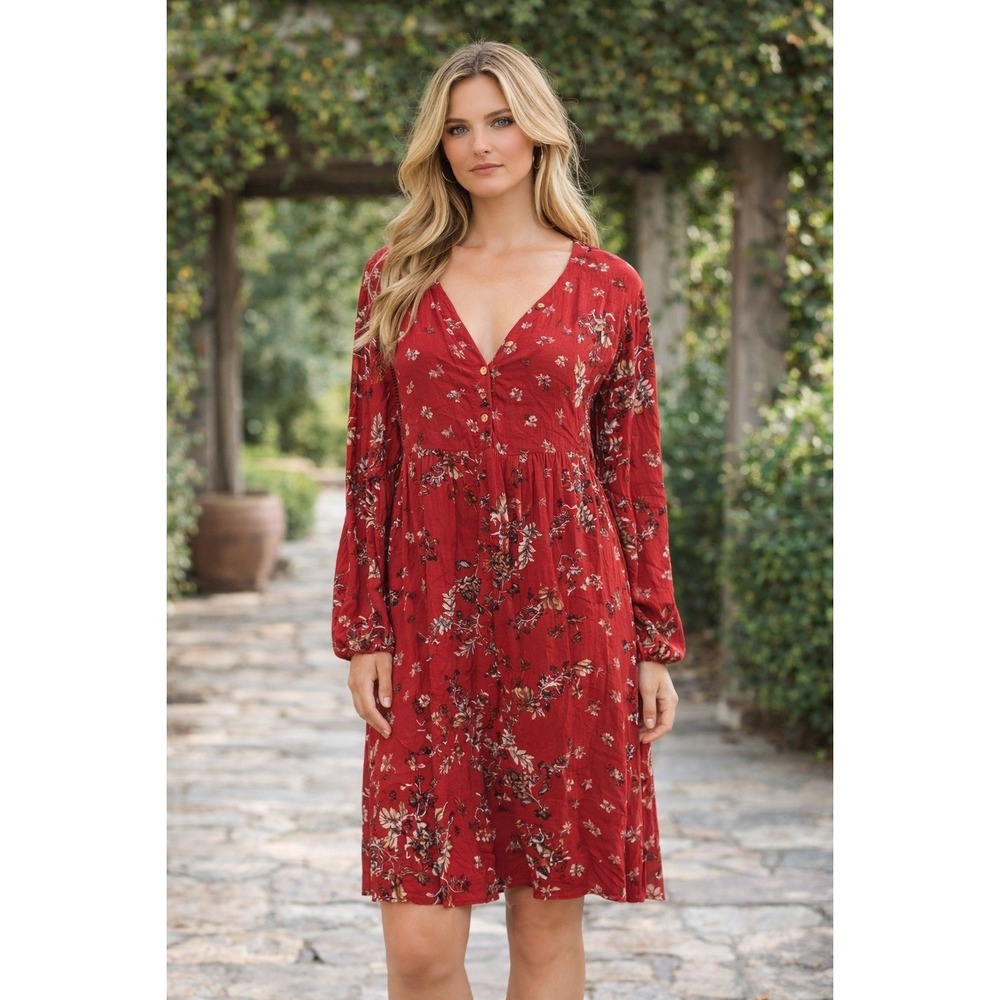 NWT Knox Rose Flowy Dress L Red Asymmetric Floral Paisley Boho‎ Prairie Country